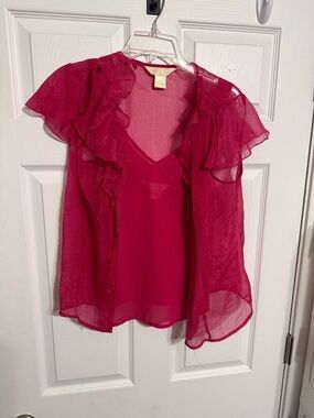 Fuchsia Ruffle V-Neck Shell with Sheer Overlay - Unbranded